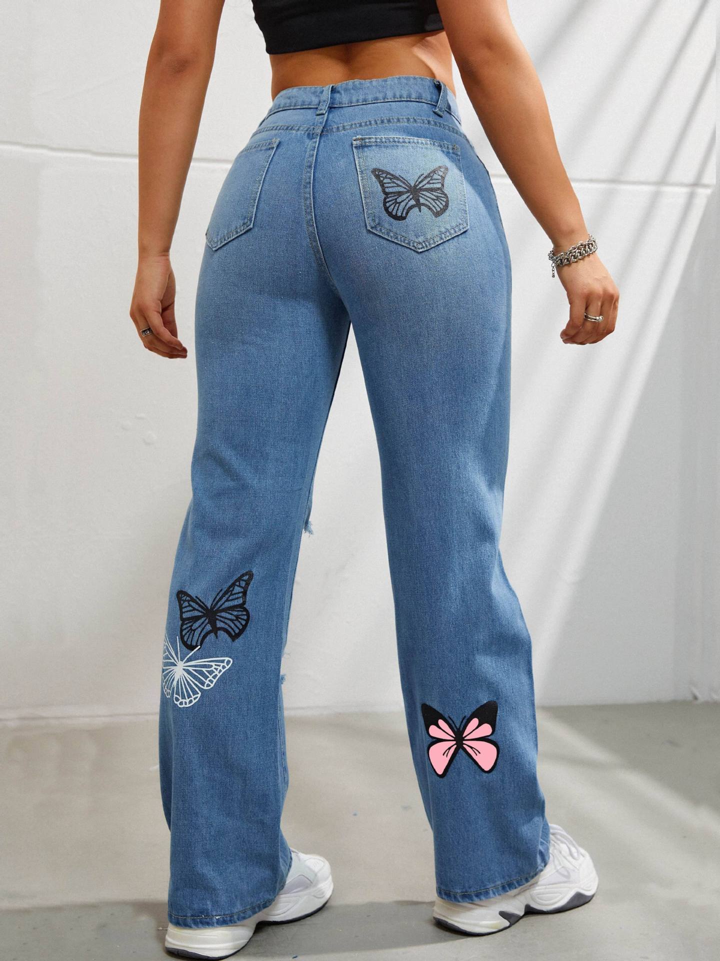 Trendy High-Waisted Butterfly Print Ripped Denim Jeans - Artsi Chic Boutique