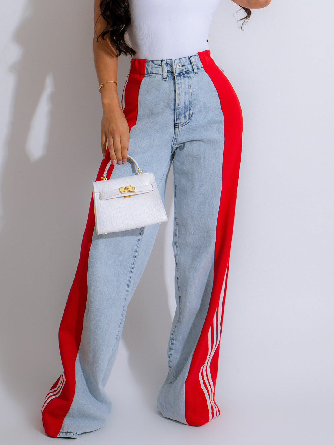 Trendy Patchwork Wide Leg Jeans – High Waist Striped Streetwear Style - Artsi Chic Boutique