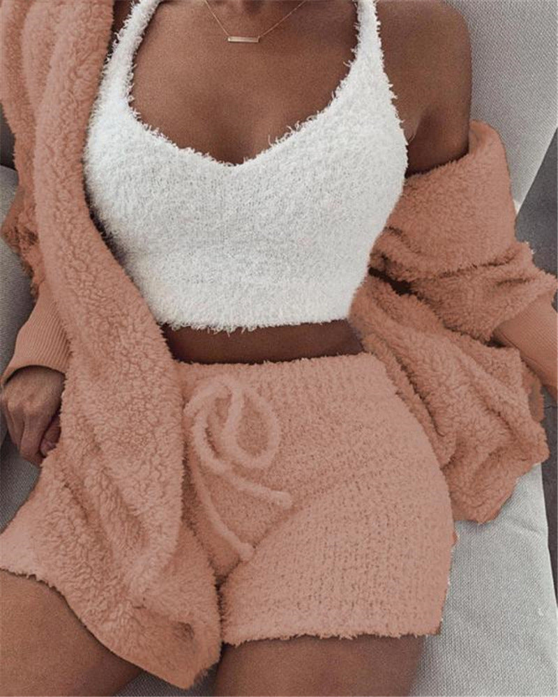 Women's Cozy 3-Piece Pajama Set – Fuzzy Crop Tank Top, Long Sleeve & Drawstring Shorts - Artsi Chic Boutique