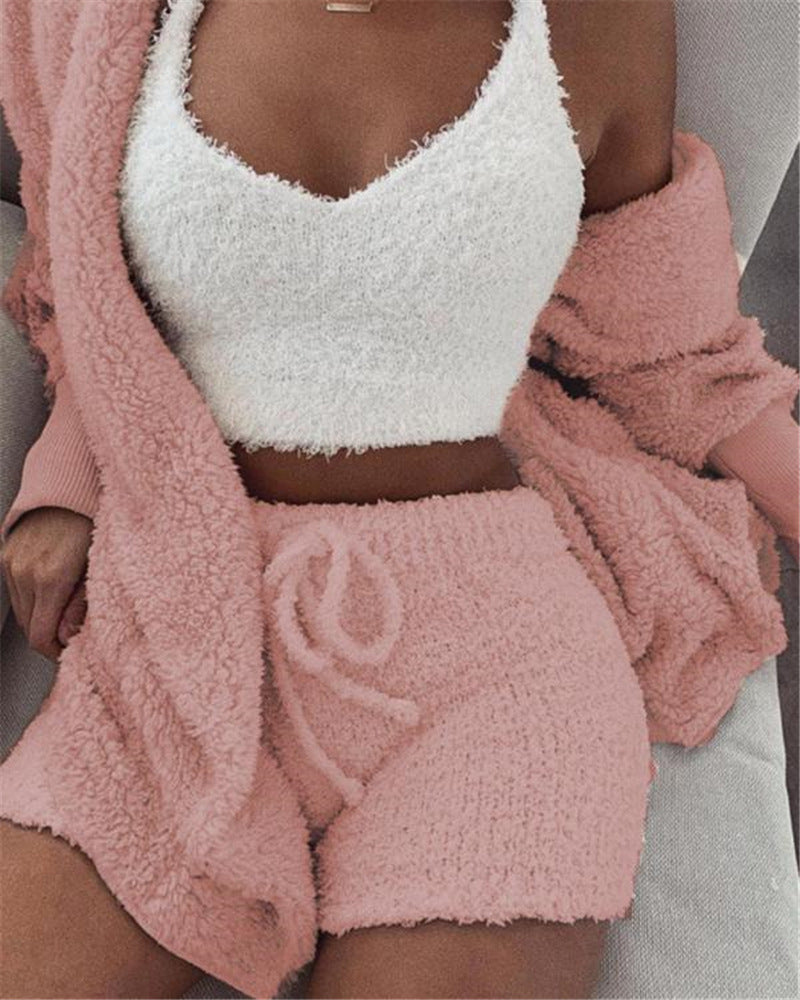 Women's Cozy 3-Piece Pajama Set – Fuzzy Crop Tank Top, Long Sleeve & Drawstring Shorts - Artsi Chic Boutique