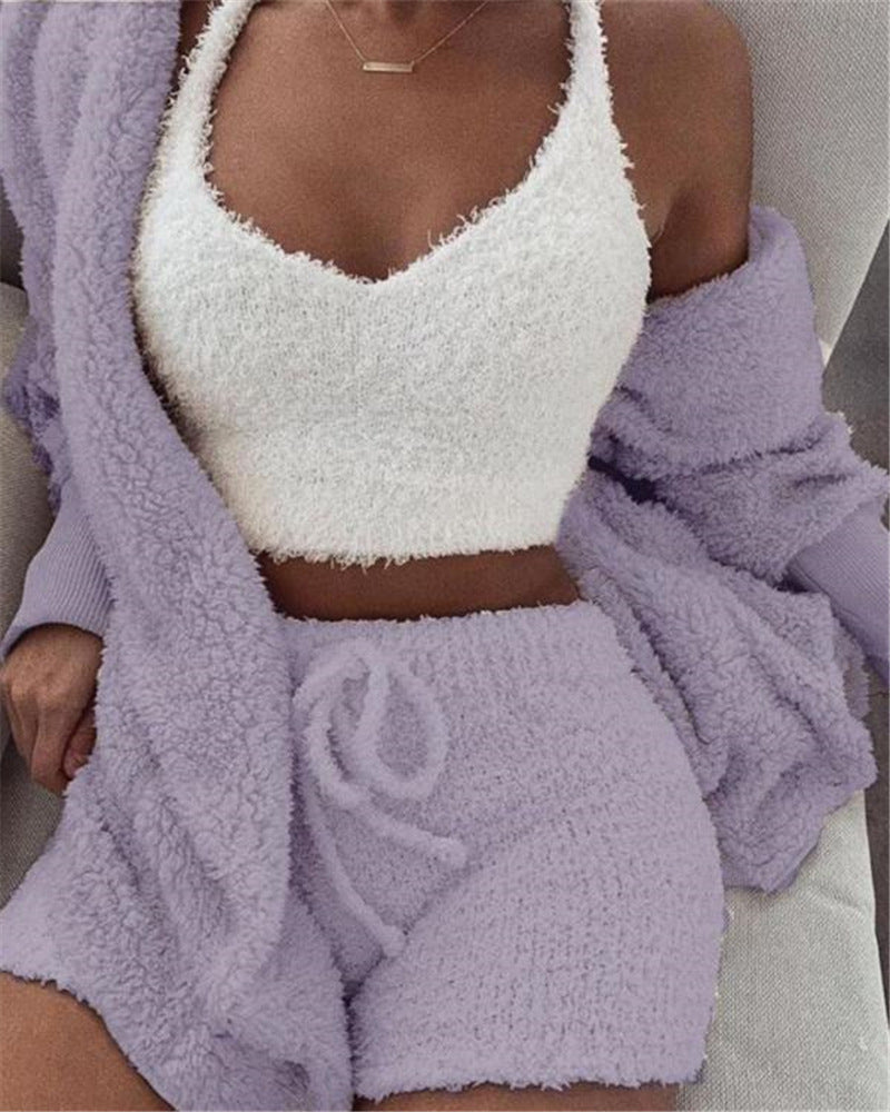 Women's Cozy 3-Piece Pajama Set – Fuzzy Crop Tank Top, Long Sleeve & Drawstring Shorts - Artsi Chic Boutique