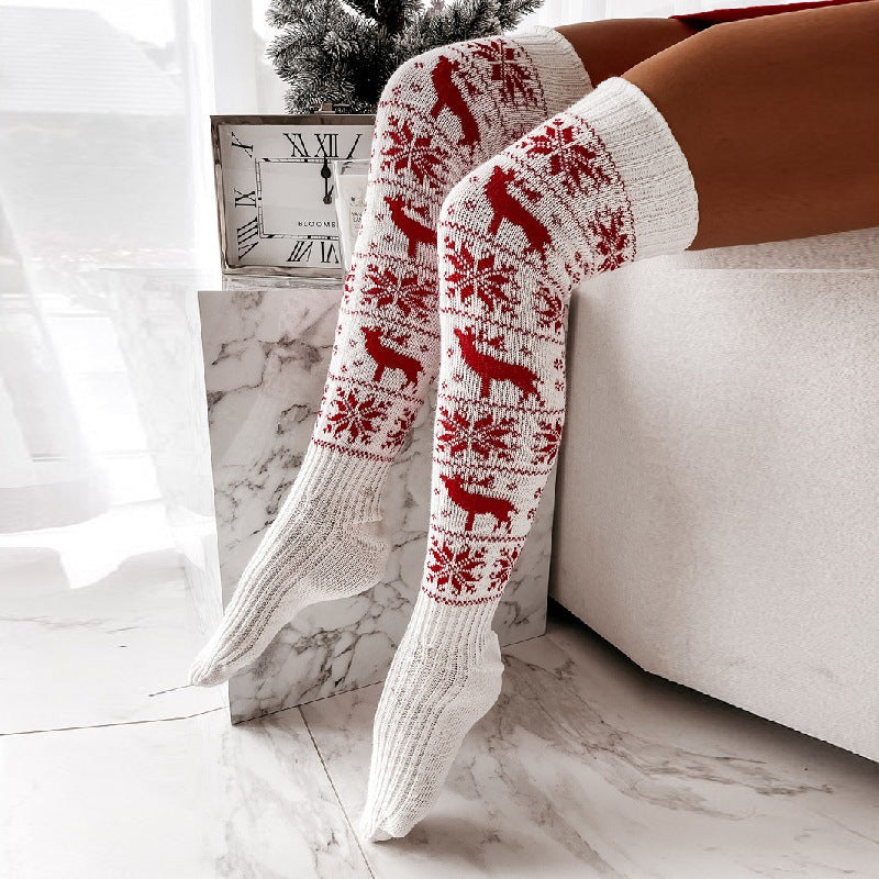 Winter Christmas Warm Knitted Women Stocking Beautiful Elk Snowflake Jacquard Over-the-knee Casual Long Socks For Ladies Gifts Free Size - Artsi Chic Boutique