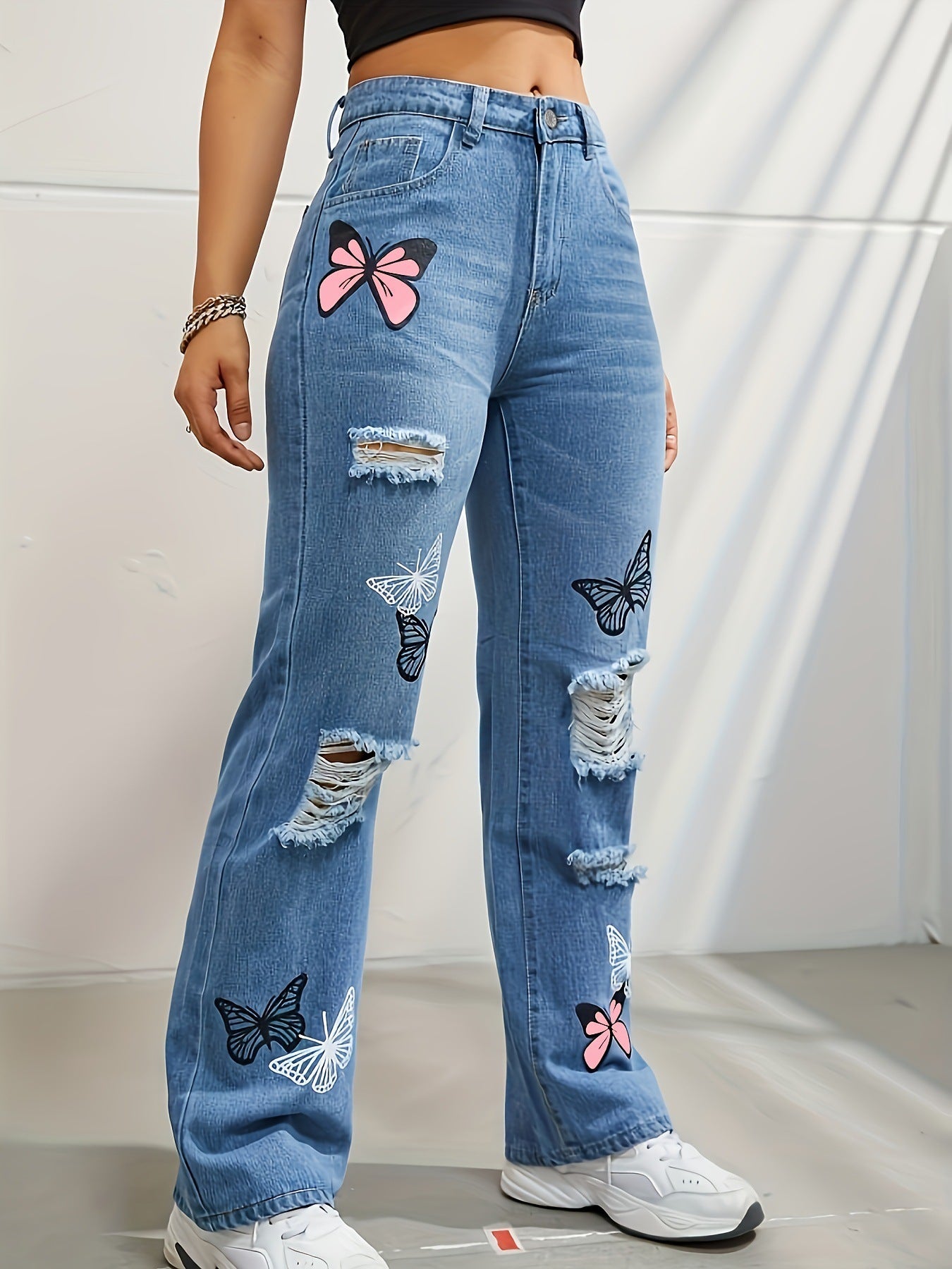 Trendy High-Waisted Butterfly Print Ripped Denim Jeans - Artsi Chic Boutique