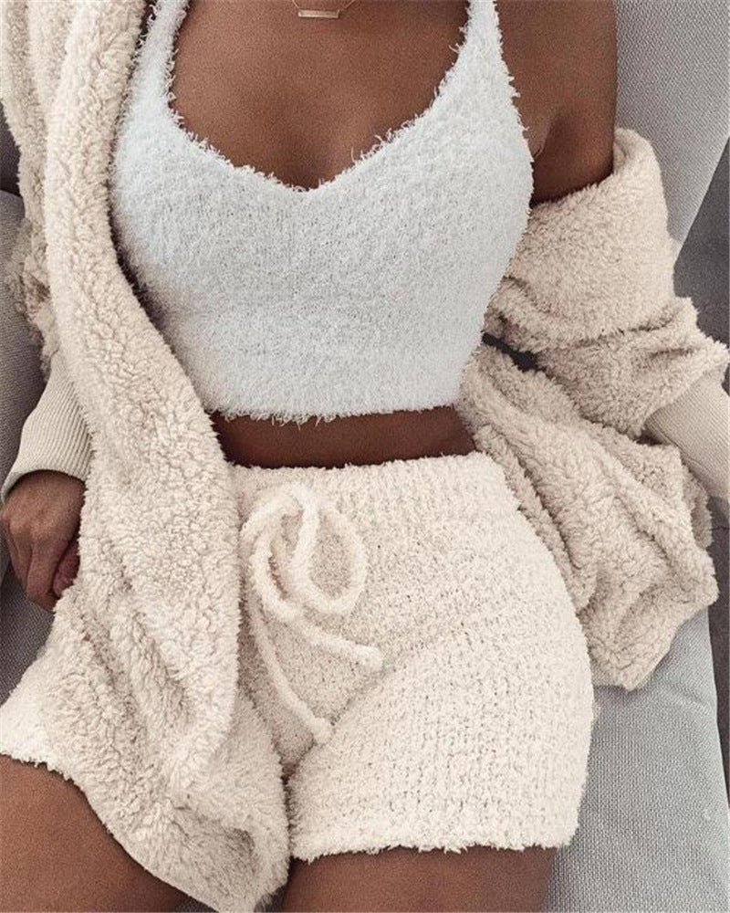 Women's Cozy 3-Piece Pajama Set – Fuzzy Crop Tank Top, Long Sleeve & Drawstring Shorts - Artsi Chic Boutique