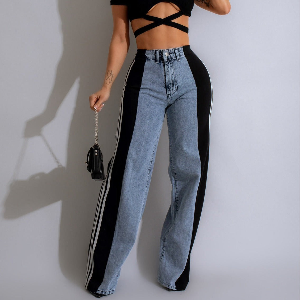 Trendy Patchwork Wide Leg Jeans – High Waist Striped Streetwear Style - Artsi Chic Boutique