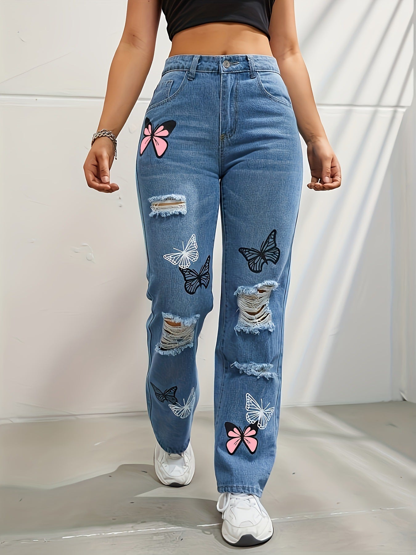 Trendy High-Waisted Butterfly Print Ripped Denim Jeans - Artsi Chic Boutique