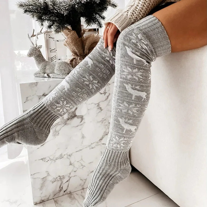 Winter Christmas Warm Knitted Women Stocking Beautiful Elk Snowflake Jacquard Over-the-knee Casual Long Socks For Ladies Gifts Free Size - Artsi Chic Boutique