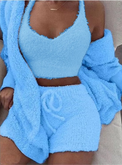 Women's Cozy 3-Piece Pajama Set – Fuzzy Crop Tank Top, Long Sleeve & Drawstring Shorts - Artsi Chic Boutique