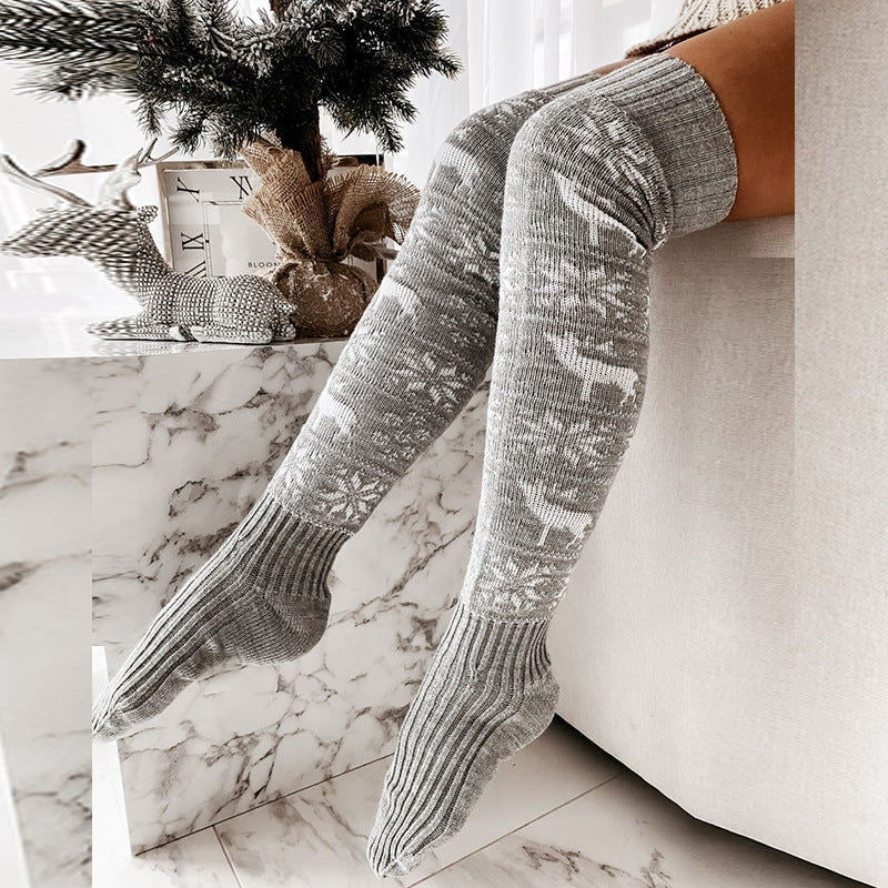 Winter Christmas Warm Knitted Women Stocking Beautiful Elk Snowflake Jacquard Over-the-knee Casual Long Socks For Ladies Gifts Free Size - Artsi Chic Boutique