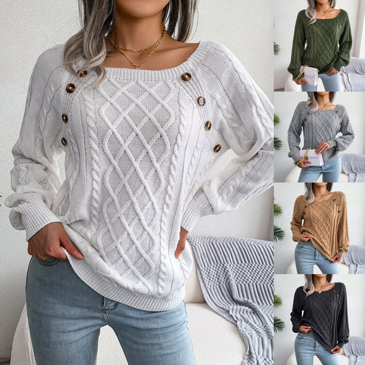 Collage of cable knit sweaters in various colors: white, green, tan, gray, purple, and black