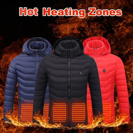 Blue, black, and red USB heated jackets with heating zones