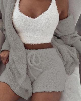 Women's Cozy 3-Piece Pajama Set – Fuzzy Crop Tank Top, Long Sleeve & Drawstring Shorts - Artsi Chic Boutique