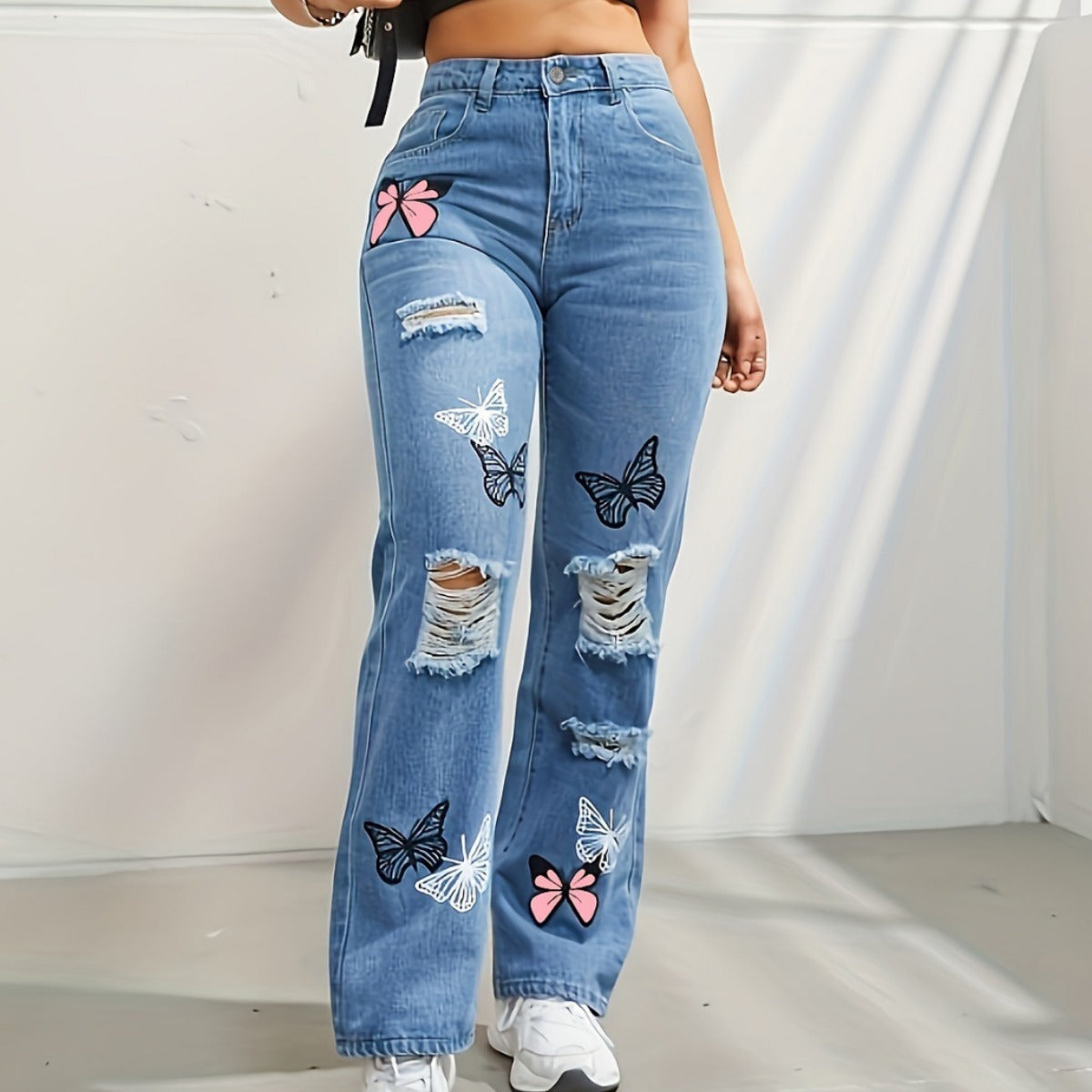 Trendy High-Waisted Butterfly Print Ripped Denim Jeans - Artsi Chic Boutique