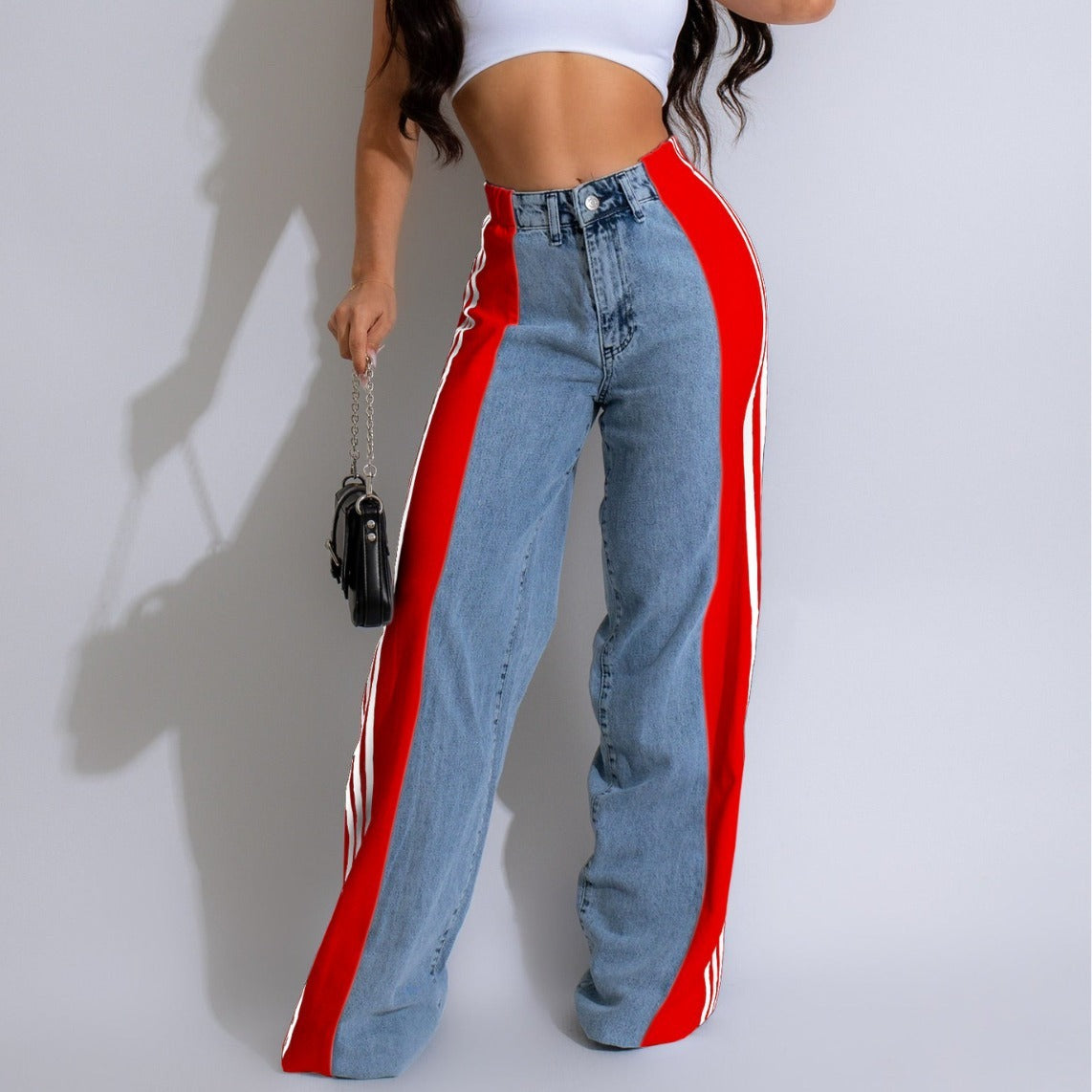 Trendy Patchwork Wide Leg Jeans – High Waist Striped Streetwear Style - Artsi Chic Boutique