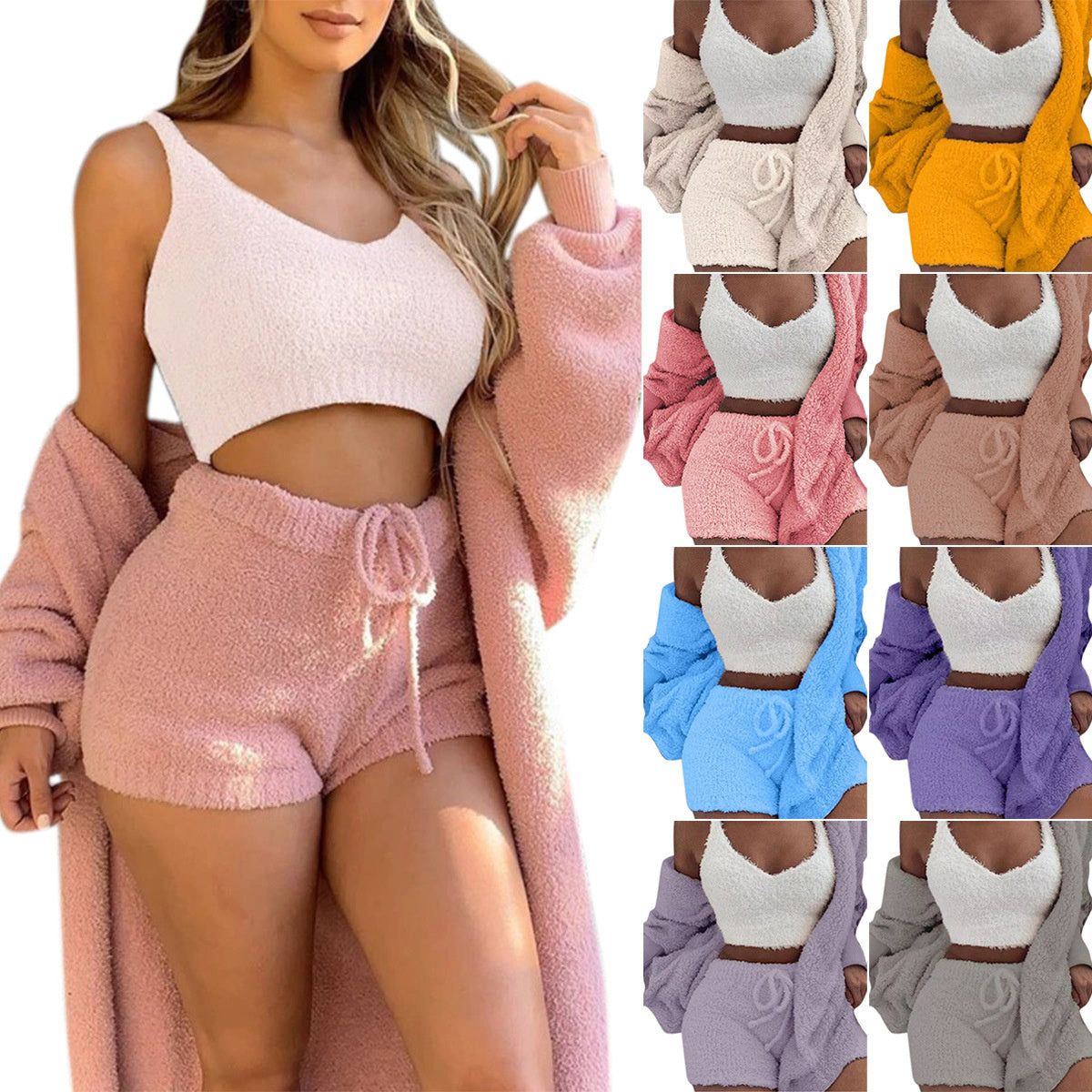 Women's Cozy 3-Piece Pajama Set – Fuzzy Crop Tank Top, Long Sleeve & Drawstring Shorts - Artsi Chic Boutique