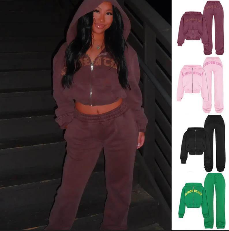 Trendy Cropped Hoodie & Jogger Set – Sporty Letter Print Lounge Suit - Artsi Chic Boutique