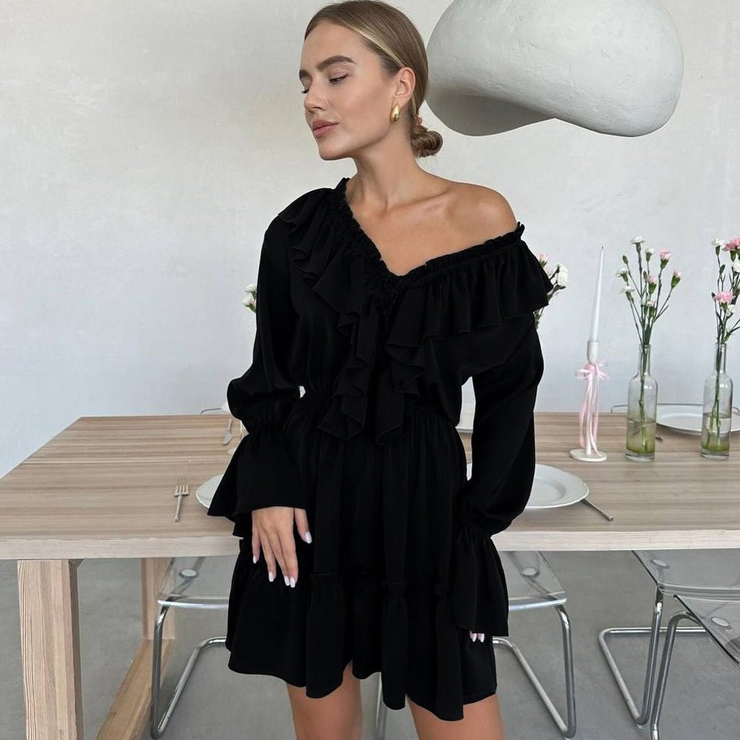 Chic V-Neck Ruffle Mini Dress – Trendy Y2K Style, Flared Sleeves - Artsi Chic Boutique