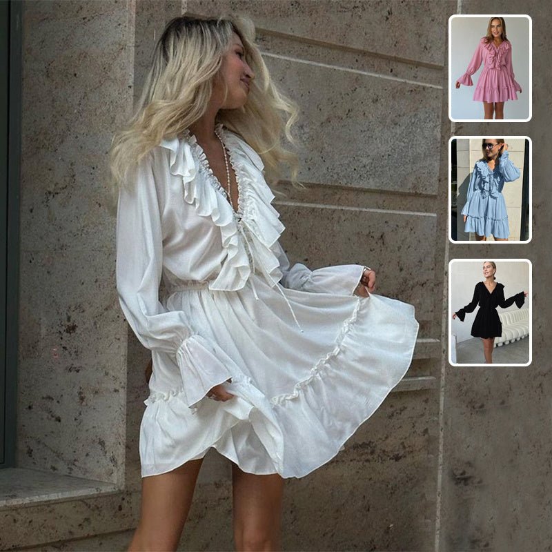 Chic V-Neck Ruffle Mini Dress – Trendy Y2K Style, Flared Sleeves - Artsi Chic Boutique