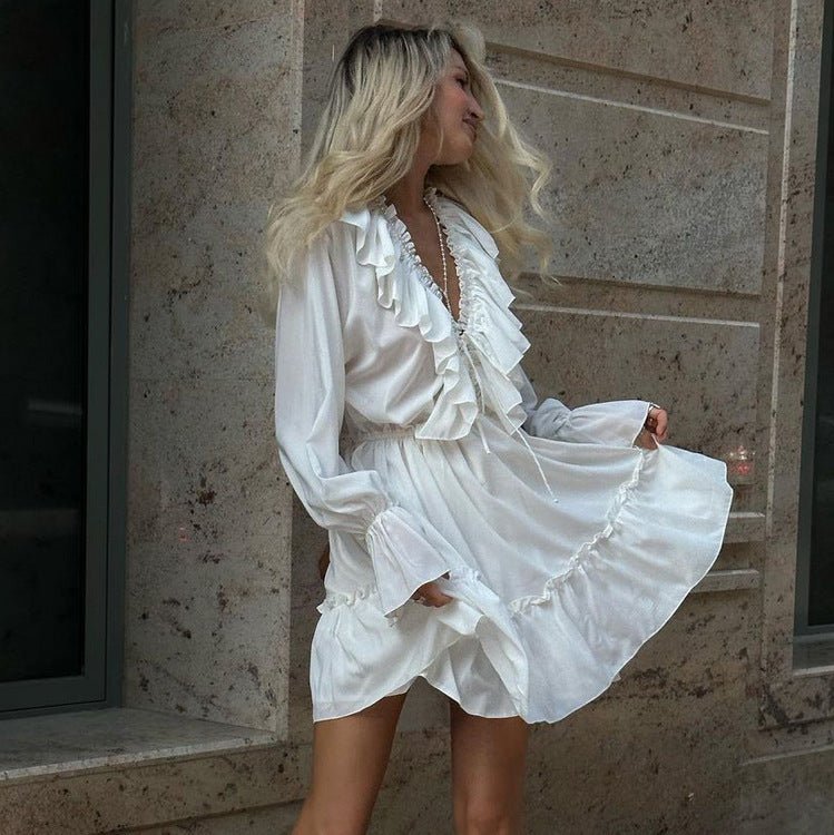 Chic V-Neck Ruffle Mini Dress – Trendy Y2K Style, Flared Sleeves - Artsi Chic Boutique