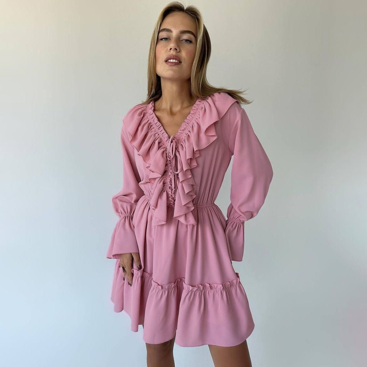 Chic V-Neck Ruffle Mini Dress – Trendy Y2K Style, Flared Sleeves - Artsi Chic Boutique