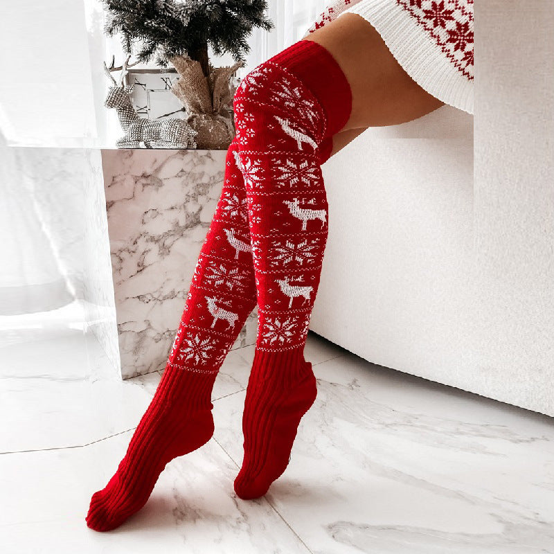 Winter Christmas Warm Knitted Women Stocking Beautiful Elk Snowflake Jacquard Over-the-knee Casual Long Socks For Ladies Gifts Free Size - Artsi Chic Boutique