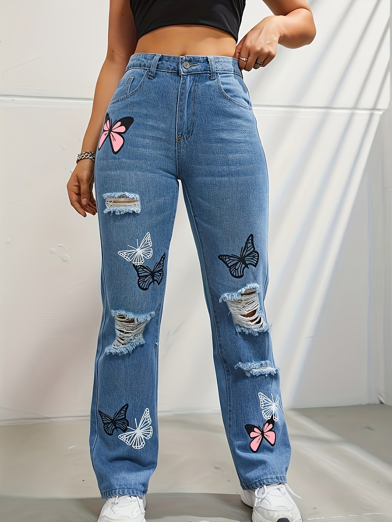 Trendy High-Waisted Butterfly Print Ripped Denim Jeans - Artsi Chic Boutique