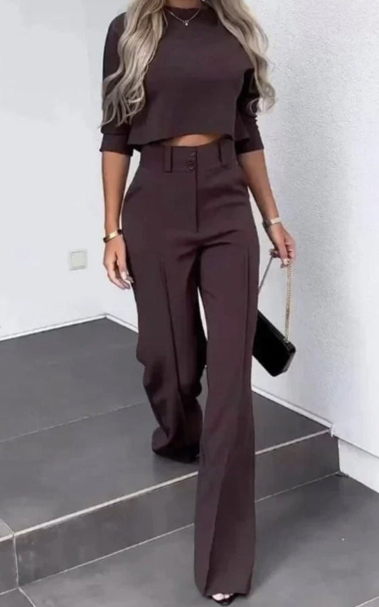 Elegant High - Waist Wide Leg Pants & Crop Top Set - Women's Fashion in coffee - Buy from Artsi Chic Boutique