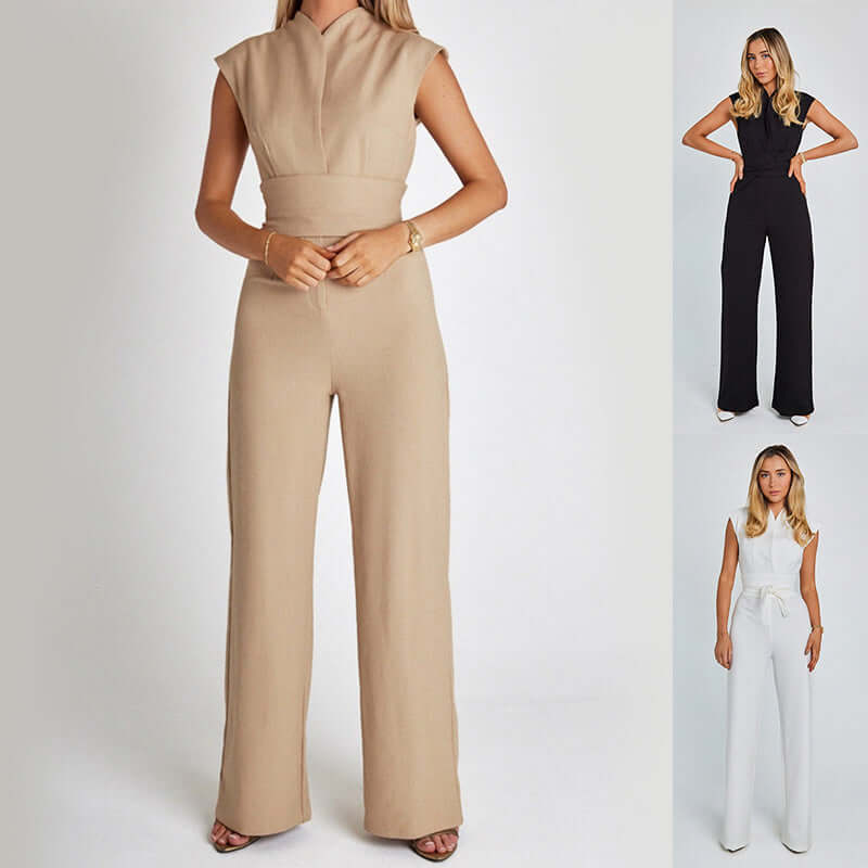 Elegant Sleeveless Wide Leg Jumpsuit – V-Neck Business Casual Overalls for Women - Artsi Chic Boutique