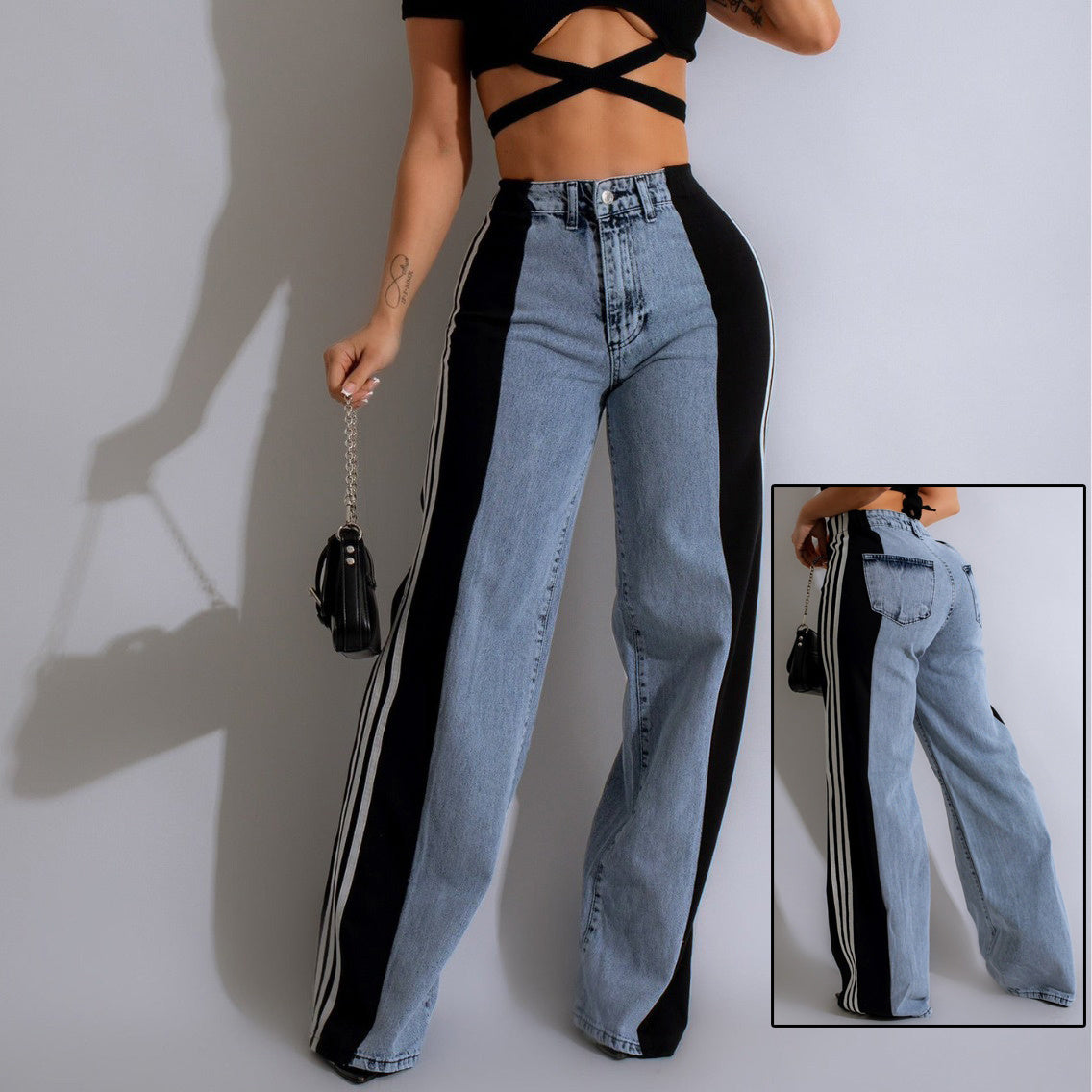 Trendy Patchwork Wide Leg Jeans – High Waist Striped Streetwear Style - Artsi Chic Boutique