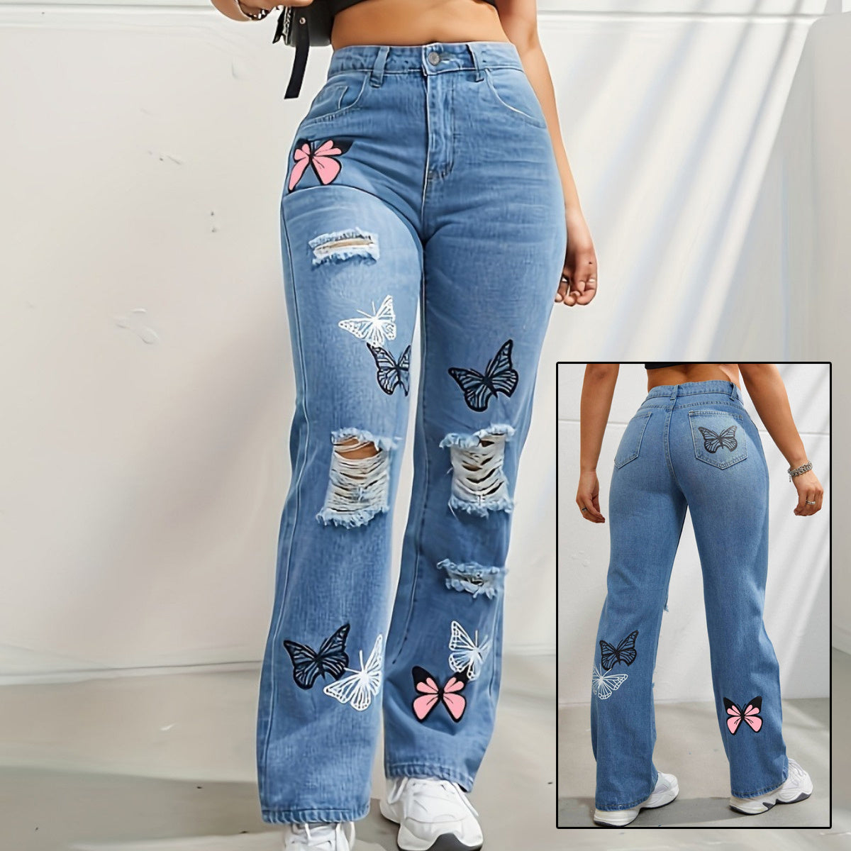 Trendy High-Waisted Butterfly Print Ripped Denim Jeans - Artsi Chic Boutique