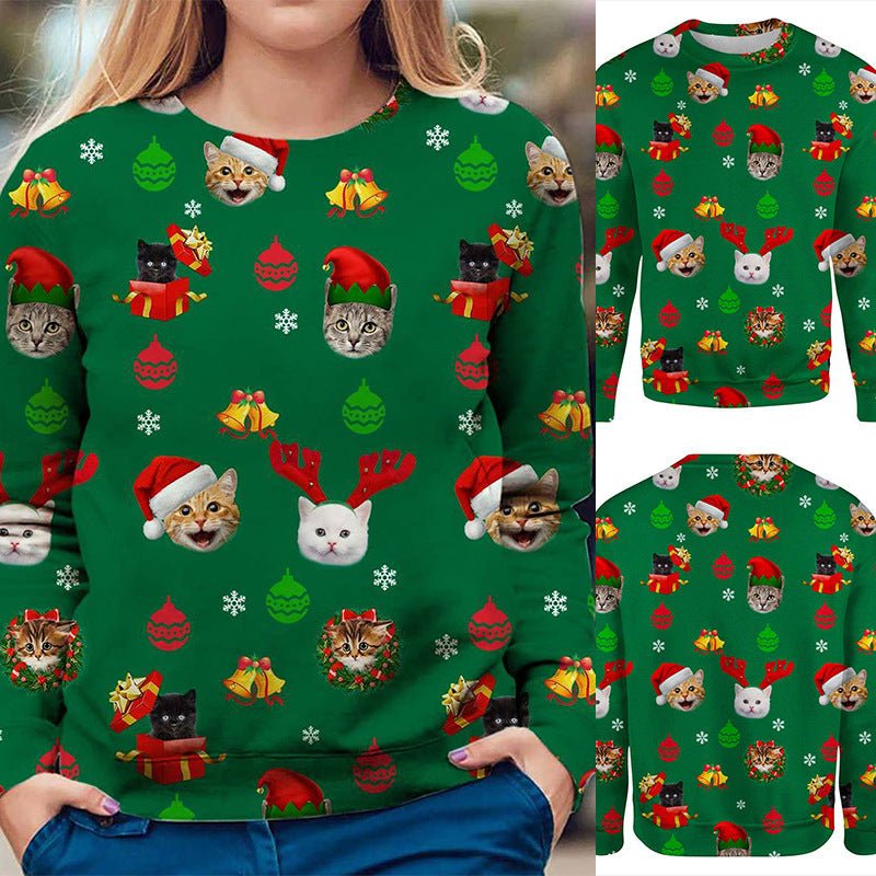 Festive Cat Christmas Sweatshirt – Cozy Round Neck Holiday Pullover - Artsi Chic Boutique