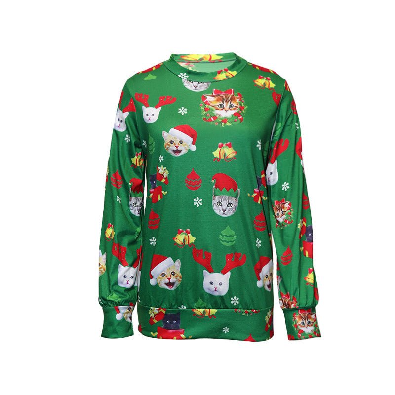 Festive Cat Christmas Sweatshirt – Cozy Round Neck Holiday Pullover - Artsi Chic Boutique