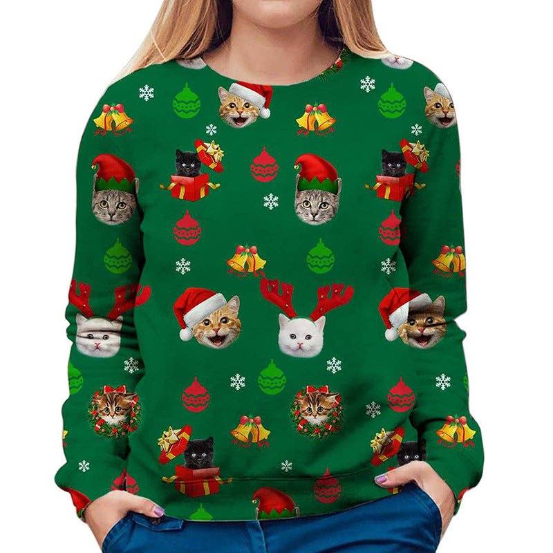 Festive Cat Christmas Sweatshirt – Cozy Round Neck Holiday Pullover - Artsi Chic Boutique