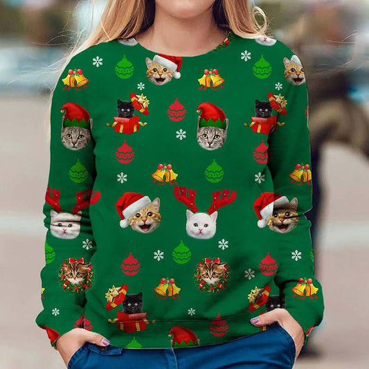 Festive Cat Christmas Sweatshirt – Cozy Round Neck Holiday Pullover in Green - Buy from Artsi Chic Boutique