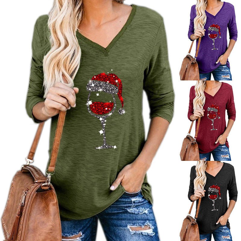 Festive Christmas Wine Glass Print Top – Holiday Fashion - Artsi Chic Boutique