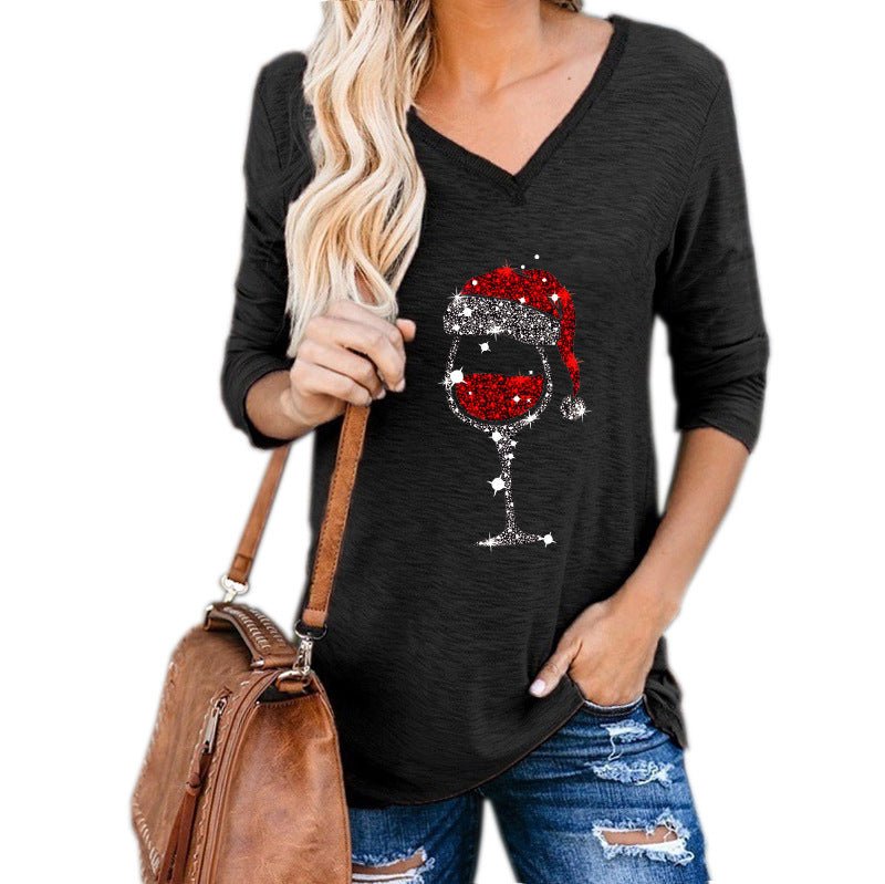 Festive Christmas Wine Glass Print Top – Holiday Fashion - Artsi Chic Boutique