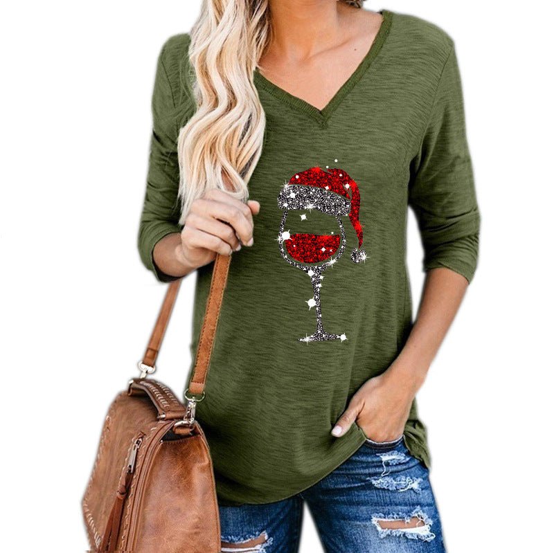 Festive Christmas Wine Glass Print Top – Holiday Fashion - Artsi Chic Boutique