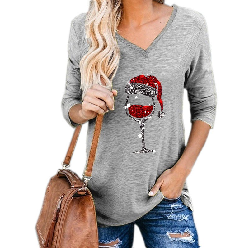 Festive Christmas Wine Glass Print Top – Holiday Fashion - Artsi Chic Boutique