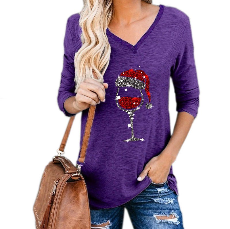 Festive Christmas Wine Glass Print Top – Holiday Fashion - Artsi Chic Boutique