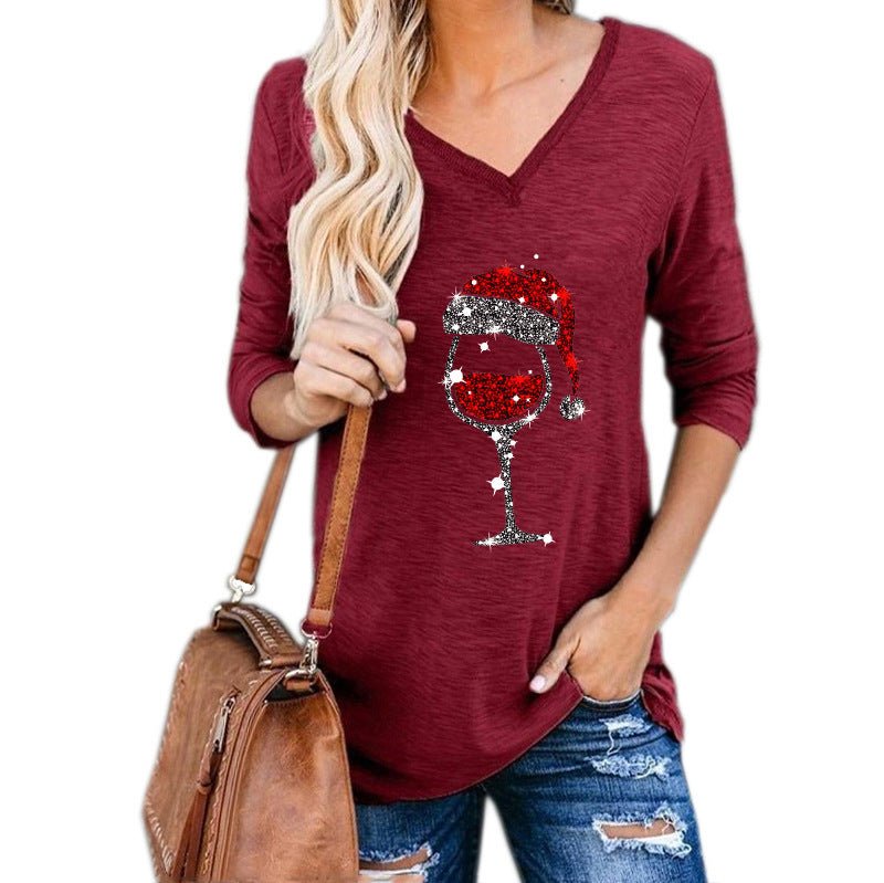 Festive Christmas Wine Glass Print Top – Holiday Fashion - Artsi Chic Boutique