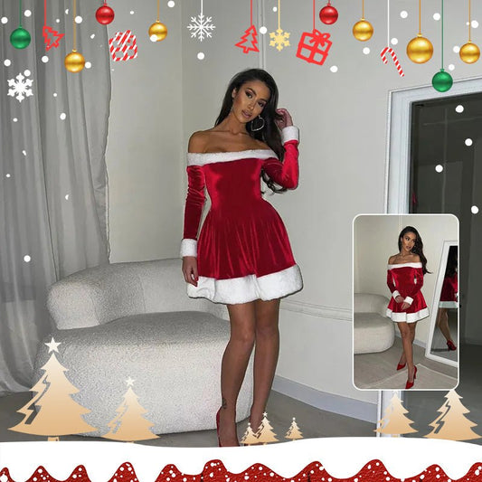 Festive Santa Dress – Off - Shoulder Christmas Costume with Plush Trim for Holiday Parties in Red - Buy from Artsi Chic Boutique