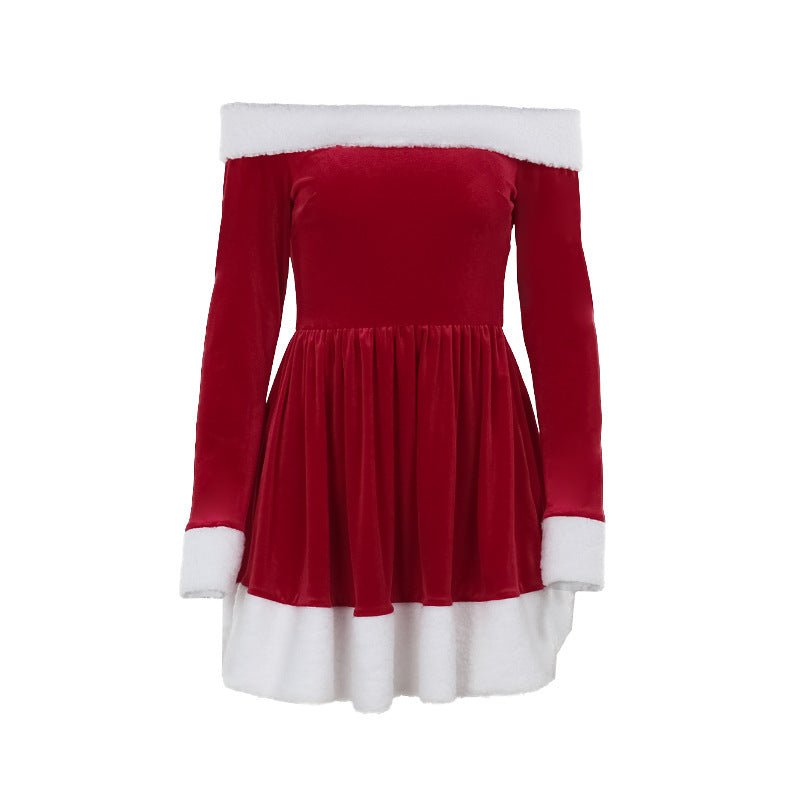 Festive Santa Dress – Off-Shoulder Christmas Costume with Plush Trim for Holiday Parties - Artsi Chic Boutique