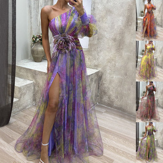 Glamorous Off - Shoulder Tie - Dye Mesh Dress – Elegant Slit for Party Nights in Green - Buy from Artsi Chic Boutique