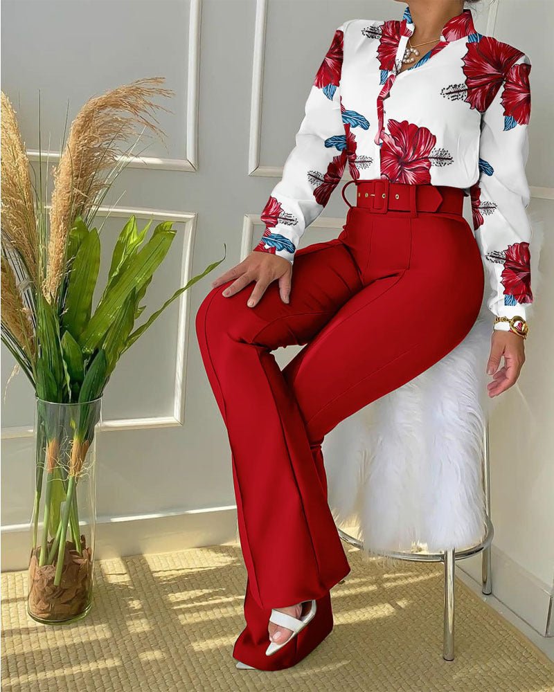 Modern Print Blouse & Sleek High-Waist Pants Set - Trendy Women's Wear - Artsi Chic Boutique