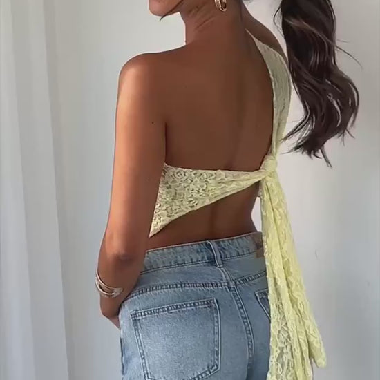 Chic Lace Asymmetrical Top – Backless Style, Streetwear Vibes in Yellow - video 5