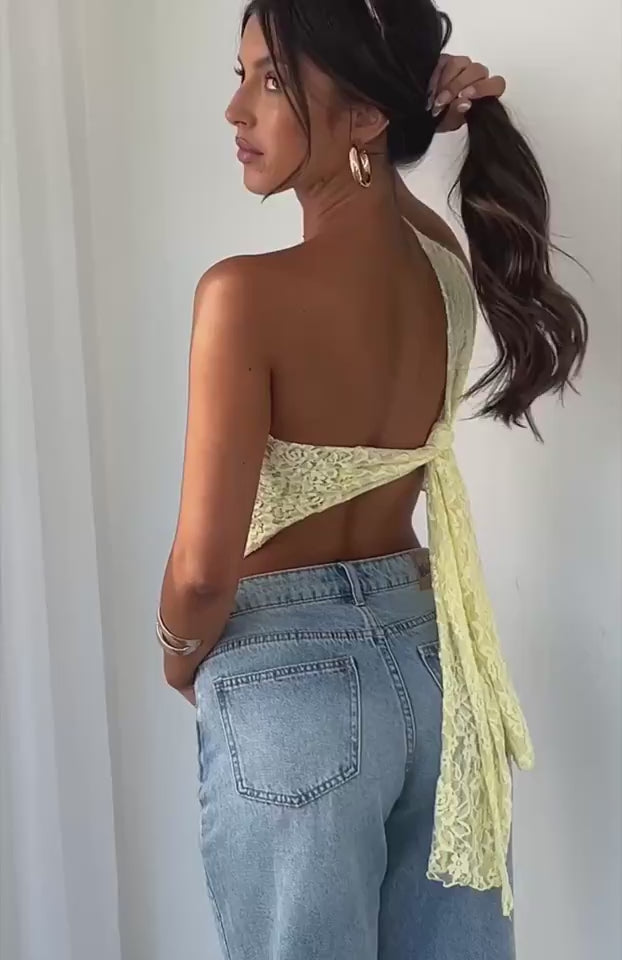 Chic Lace Asymmetrical Top – Backless Style, Streetwear Vibes in Yellow - video 5