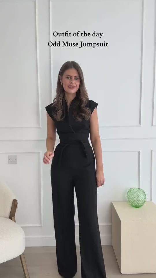 Elegant Sleeveless Wide Leg Jumpsuit – V - Neck Business Casual Overalls for Women in Black - Video 2