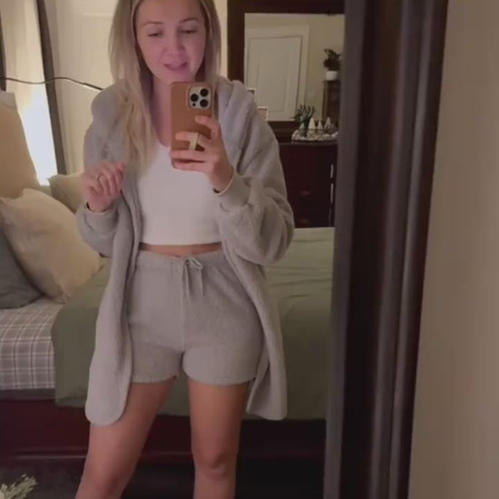 Women's Cozy 3-Piece Pajama Set – Fuzzy Crop Tank Top, Long Sleeve & Drawstring Shorts - Video 2