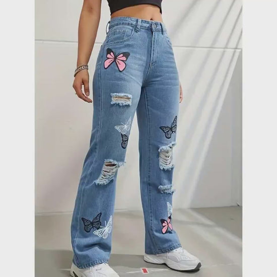 Trendy High-Waisted Butterfly Print Ripped Denim Jeans - video